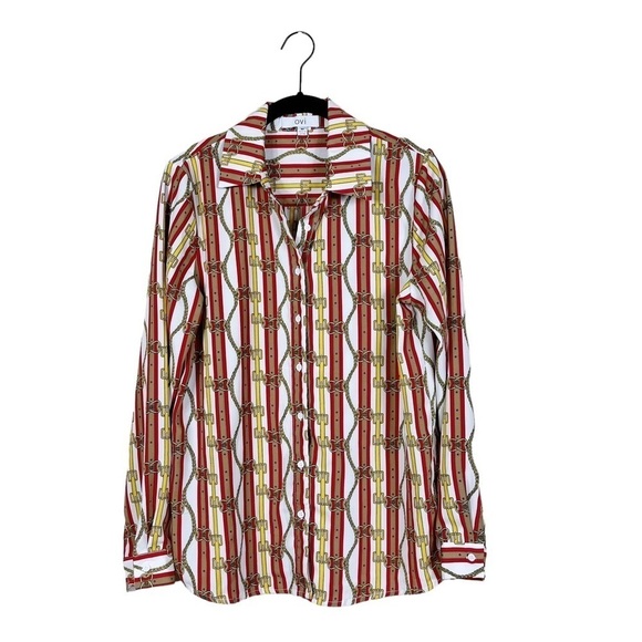 OVI Chain Belts Print Button Front Long Sleeve Colorful Shirt Top Size M - Picture 2 of 6
